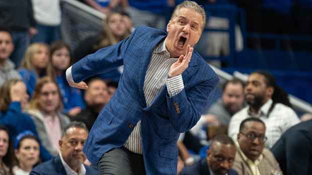 Kentucky Wildcats head coach John Calipari yells to the team during their game against the Arkansas Razorbacks on Saturday, March 2, 2024 at Rupp Arena.